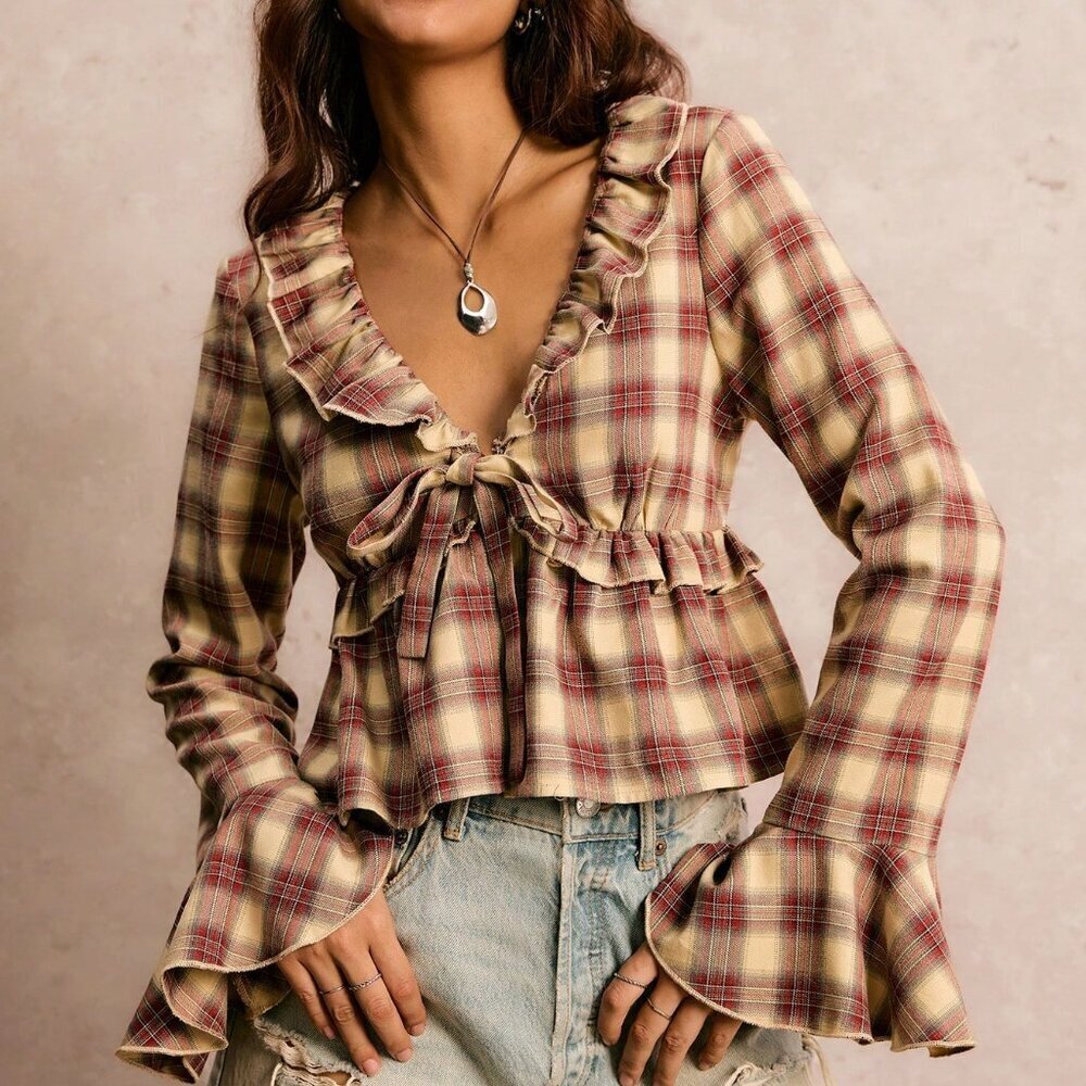 Red And White Boho Women's Plaid Ruffle Front Tie Shirt - Picture 12 of 12